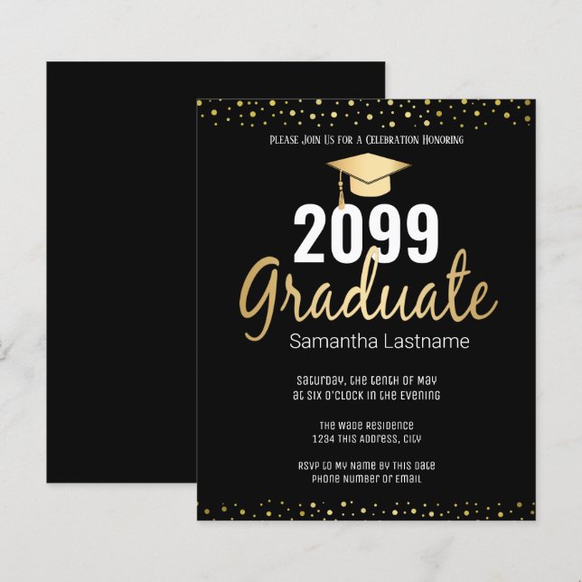 Inbjudan till Studentfesten Guld Confetti (Fram/baksida)