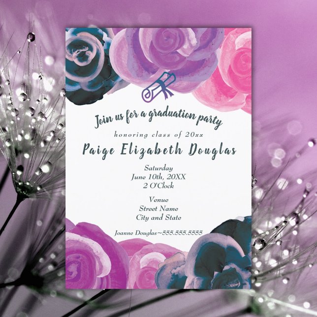 Inbjudan till Studentfesten lila Rosa ros (purple pink floral graduation party invitation for girl)