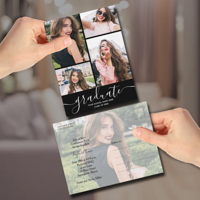 Inbjudan till Studentfesten Multi Photo Black (Custom 5 photo graduation party invitation postcards
)