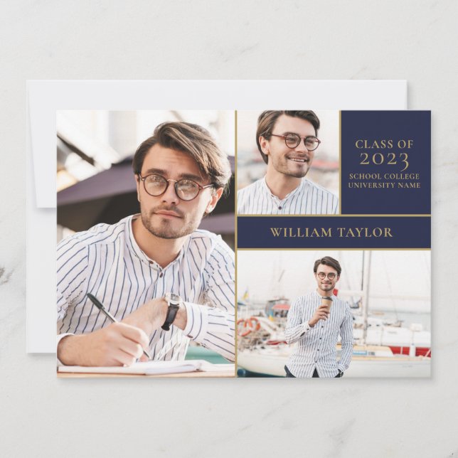 Inbjudan till Studentfesten Navy Blue 3 Photo Guld (Framsida)