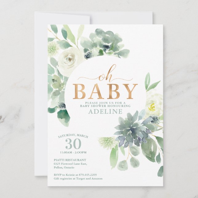 Inbjudan till Succuly och Grey Baby Shower (Framsida)