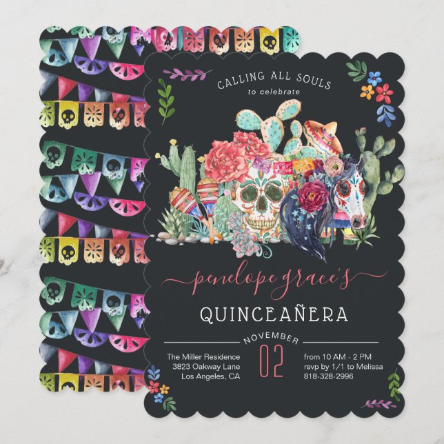 Inbjudan till Sugar Skull Day of the dead Quinceañ (Fram/baksida)