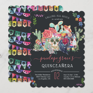 Inbjudan till Sugar Skull Day of the dead Quinceañ