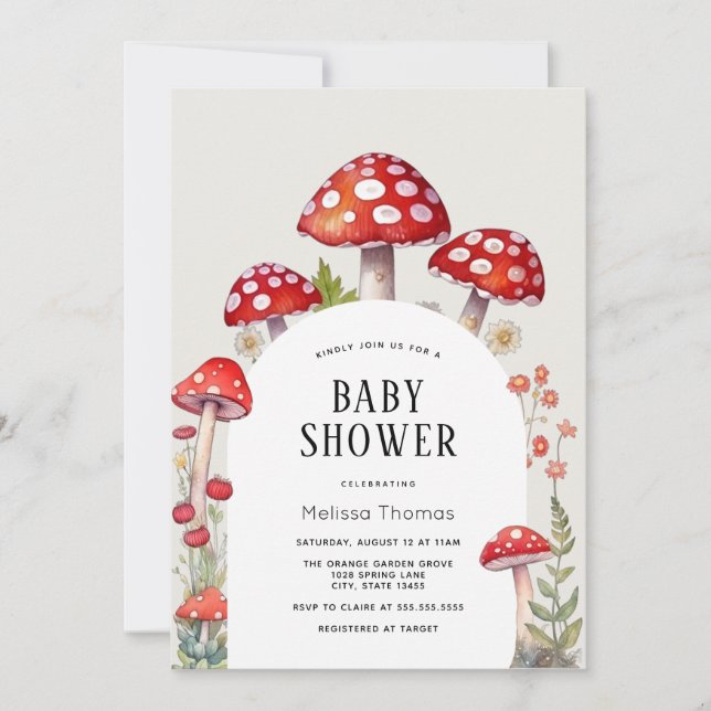 Inbjudan till svampstugan Woodland Baby Shower (Framsida)