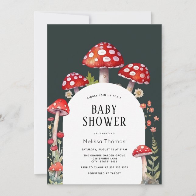 Inbjudan till svampstugan Woodland Baby Shower (Framsida)