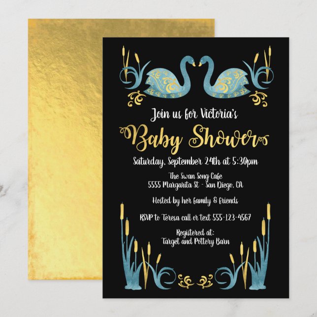 Inbjudan till Svanar Baby Shower (gyllene vattenfä (Fram/baksida)