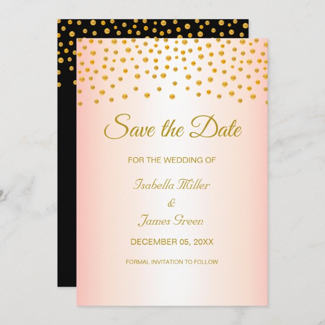 Inbjudan till Svarta Guld Ro Bröllop spara datum (Fram/baksida)