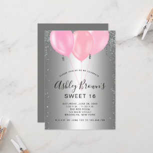 Inbjudan till svenska 16 Silver Rosa Glitter-ballo