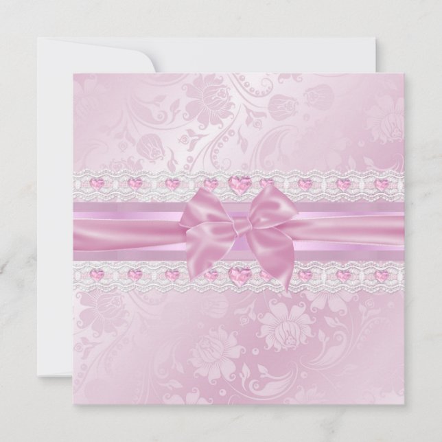Inbjudan till Sweet 16 med rosa blomma & rosett (Framsida)