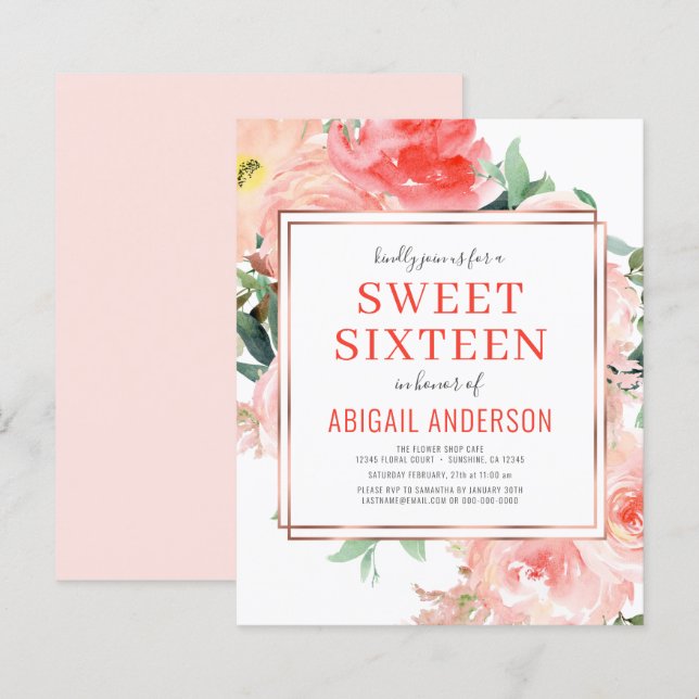 Inbjudan till Sweet sixteen av budgetkoral Blommig (Fram/baksida)