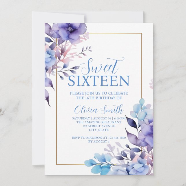 Inbjudan till Sweet sixteen av elegantens Blommigt (Framsida)