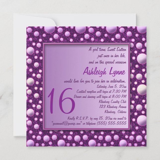 Inbjudan till Sweet sixteen av Lila Glitter Polka  (Framsida)