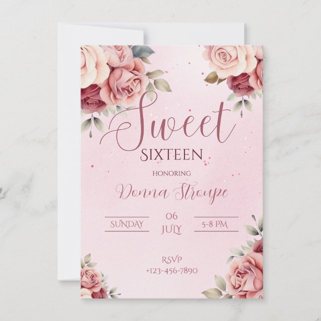 Inbjudan till Sweet sixteen av rosa Blommigt (Framsida)