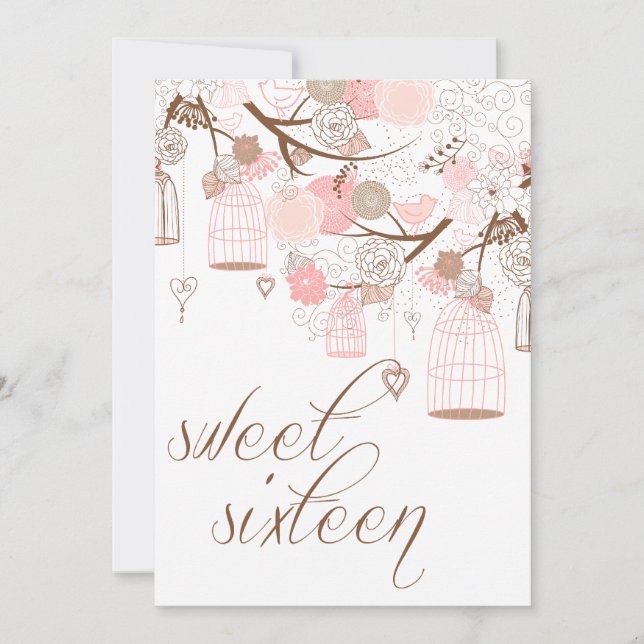 Inbjudan till Sweet sixteen av rosa Flowers & Bird (Framsida)