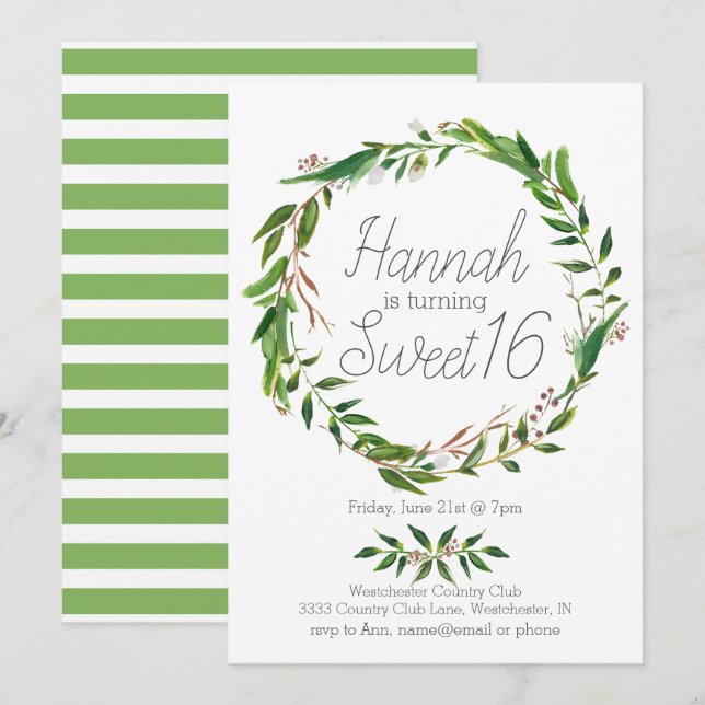 Inbjudan till Sweet sixteen av vattenfärg Laurel-a (Fram/baksida)