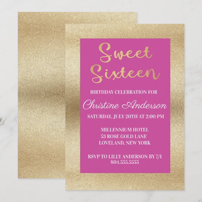 Inbjudan till sweet sixteen Brushed Gold Foil (Fram/baksida)