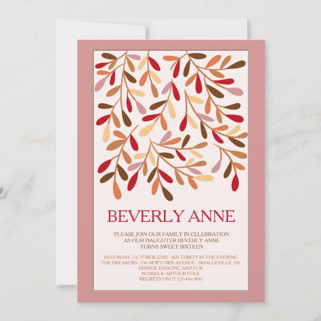 Inbjudan till Sweet sixteen Dekortecken för Löv (Framsida)