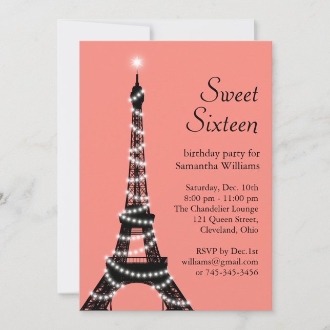 Inbjudan till Sweet sixteen Eiffel Torn i korall (Framsida)