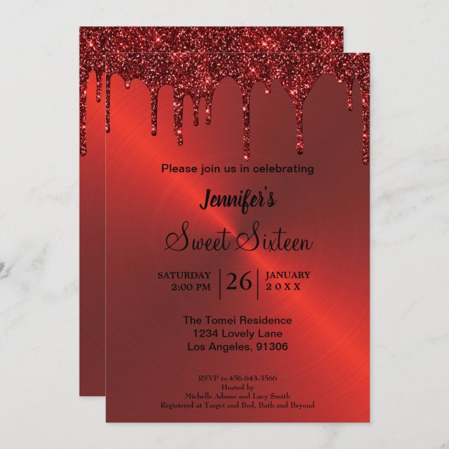 Inbjudan till Sweet sixteen för Röda metalliska gl (Fram/baksida)