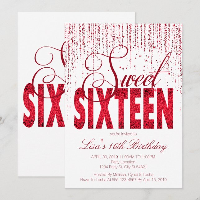Inbjudan till sweet sixteen, Glam Red Glitter (Fram/baksida)