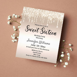 Inbjudan till sweet sixteen gyllene droppe glitter flygblad