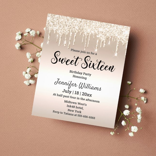Inbjudan till sweet sixteen gyllene droppe glitter flygblad (Skapare uppladdad)
