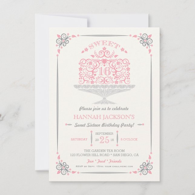 Inbjudan till Sweet sixteen Lacy Birthday Cake (Framsida)