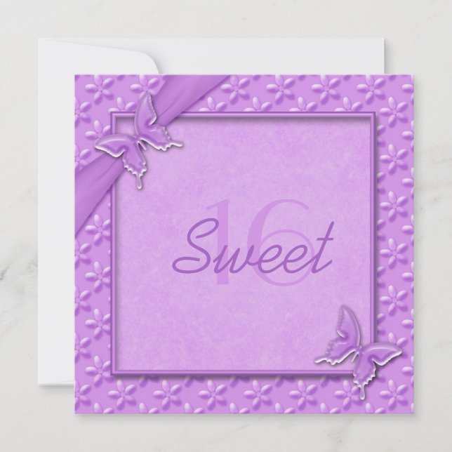 Inbjudan till Sweet sixteen Lila Butterflies (Framsida)