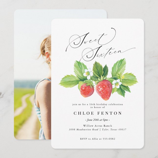 Inbjudan till Sweet sixteen om rödjordgubbar på fö (Fram/baksida)
