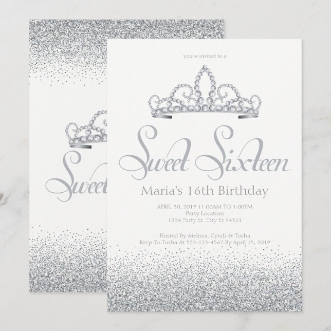 Inbjudan till Sweet sixteen silver och diamanter (Fram/baksida)