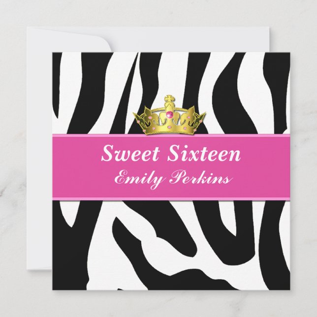 Inbjudan till Sweet sixteen zebra tryck och Krona (Framsida)