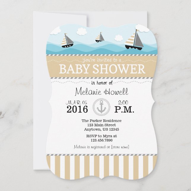 Inbjudan till Tan Beige Blue Nautical Baby Shower (Framsida)