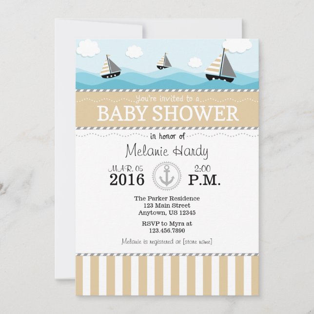 Inbjudan till Tan Beige Blue Nautical Baby Shower (Framsida)