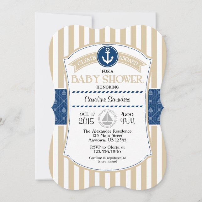 Inbjudan till Tan Beige Blue Nautical Baby Shower (Framsida)