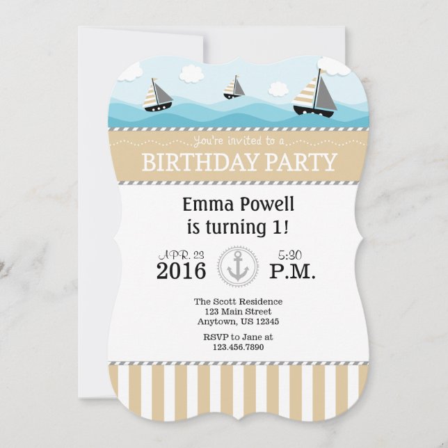 Inbjudan till Tan Beige Blue Nautical Birthday (Framsida)