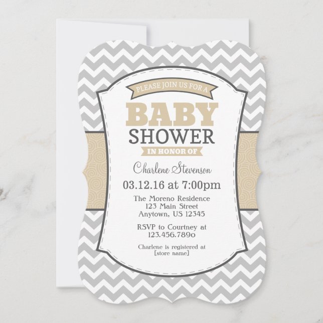 Inbjudan till Tan Beige Grått Chevron Baby Shower (Framsida)