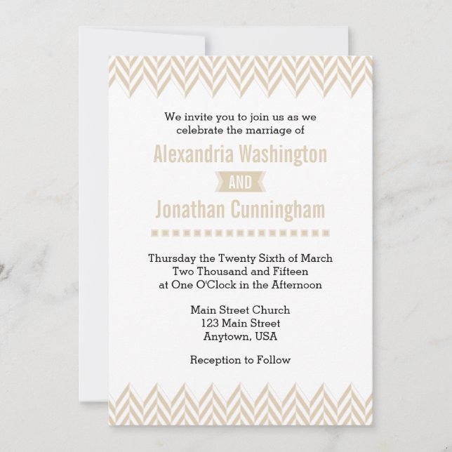 Inbjudan till Tan Beige White Herringbone Wedding (Framsida)