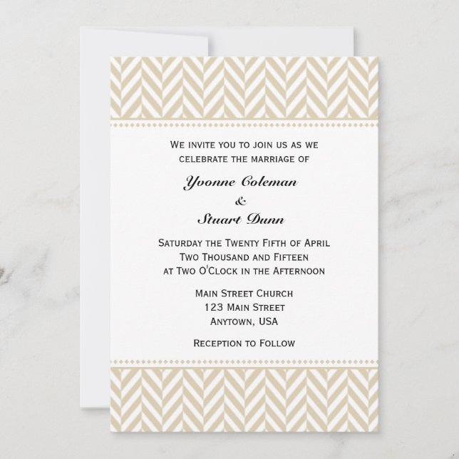 Inbjudan till Tan Beige White Herringbone Wedding (Framsida)