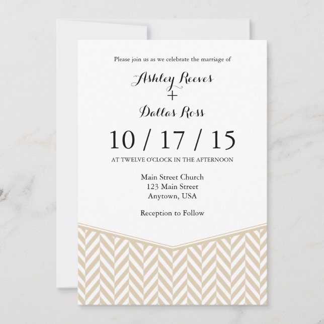 Inbjudan till Tan Beige White Herringbone Wedding (Framsida)