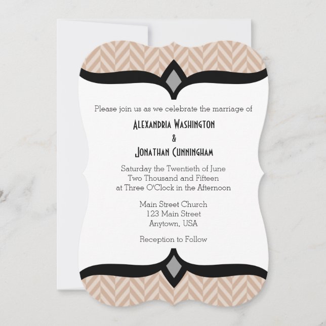 Inbjudan till Tan Beige White Herringbone Wedding (Framsida)