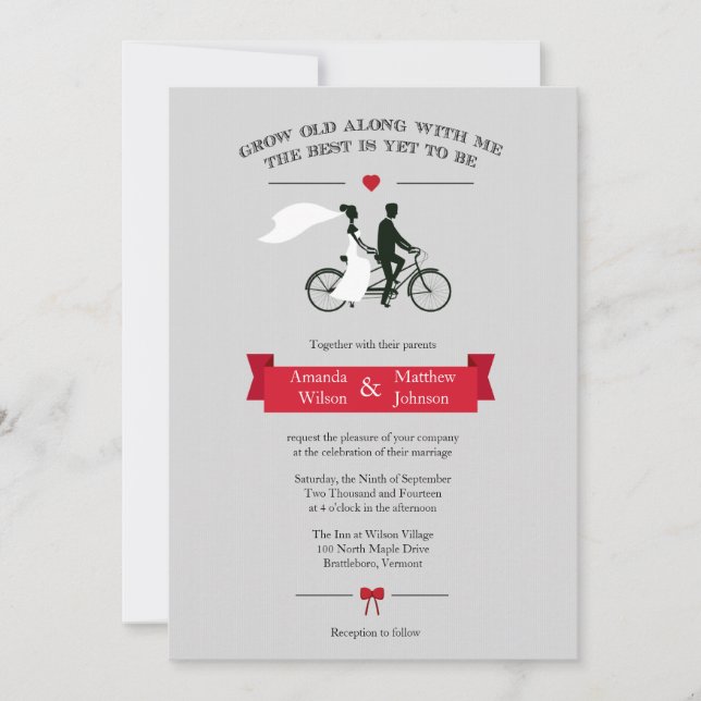Inbjudan till Tandem Bicycle Grått och Red Wedding (Framsida)