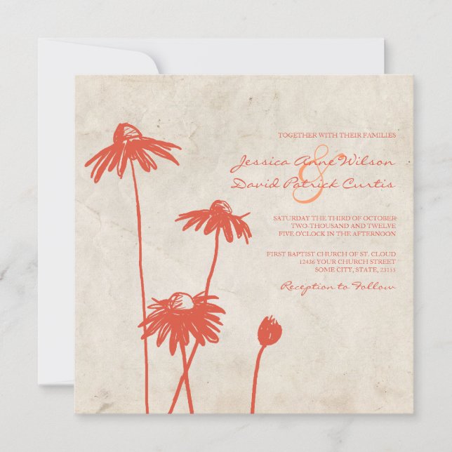 Inbjudan till Tangerine Orange Chic Flower Wedding (Framsida)