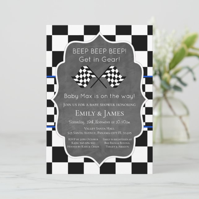 Inbjudan till tävla Car Baby Shower, Birthday Invi (Stående Fram)