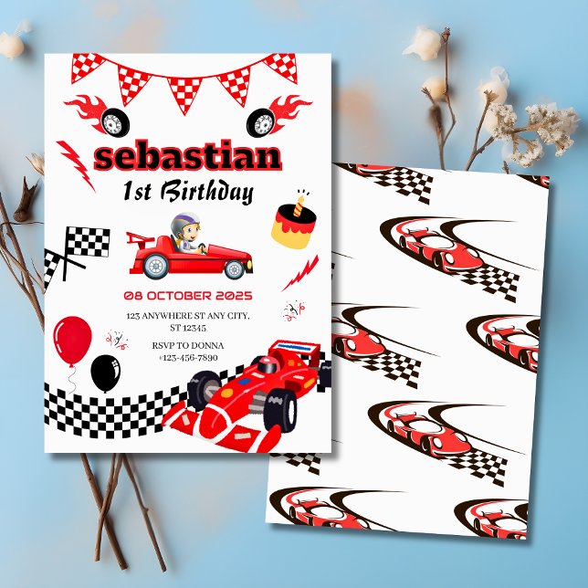 Inbjudan till tävling-tävlingen om första födelsed (Race Car Themed 1st Birthday Party Invitation
)