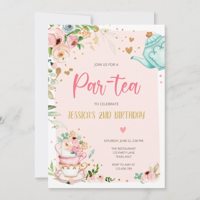 Inbjudan till Tea Birthday Girl Party Par-tea Blom (Framsida)