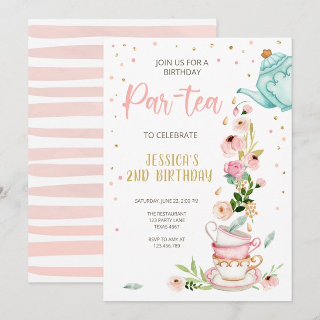 Inbjudan till Tea Birthday Girl Party Par-tea Blom (Fram/baksida)