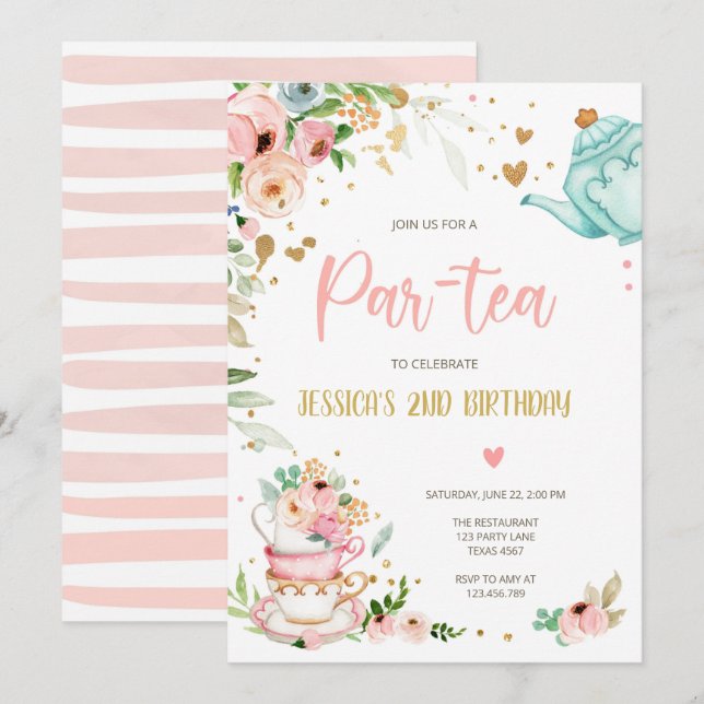 Inbjudan till Tea Birthday Girl Party Par-tea Blom (Fram/baksida)