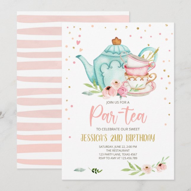 Inbjudan till Tea Birthday Girl Party Par-tea Blom (Fram/baksida)