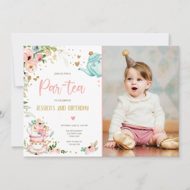 Inbjudan till Tea Birthday Girl Party Par-tea Blom (Framsida)