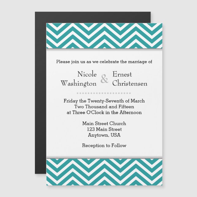 Inbjudan till Teal Aqua Blue Chevron Magnetic Wedd Magnetisk Inbjudningskort (Fram/baksida)